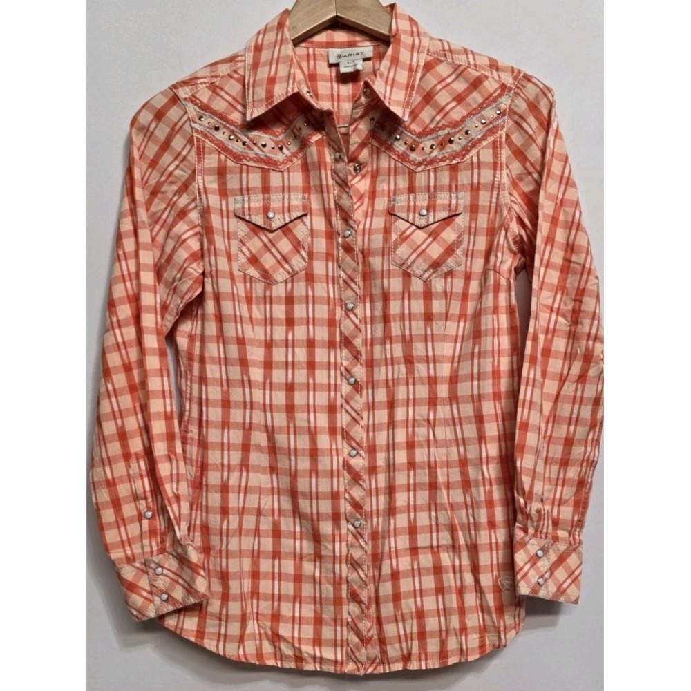 Womens Ariat Ikat Orange Plaid Western Pearl Snap Rhinestone Rodeo Sz S Cowboy‎